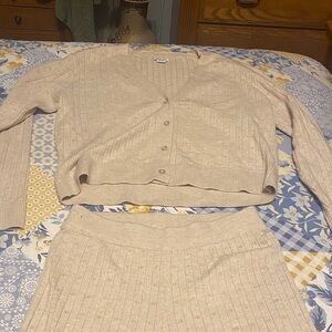 Beige Knit Cardigan and Skirt Set
